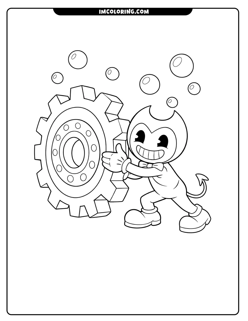 Simple line drawing of Bendy pushing against a large mechanical studio gear