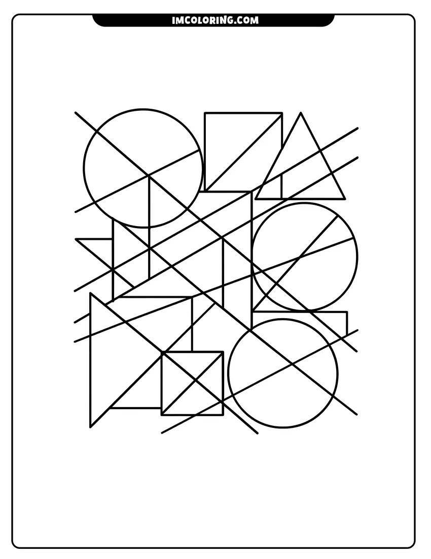 Easy-to-color Abstract network of overlapping circles, squares, and triangles illustration