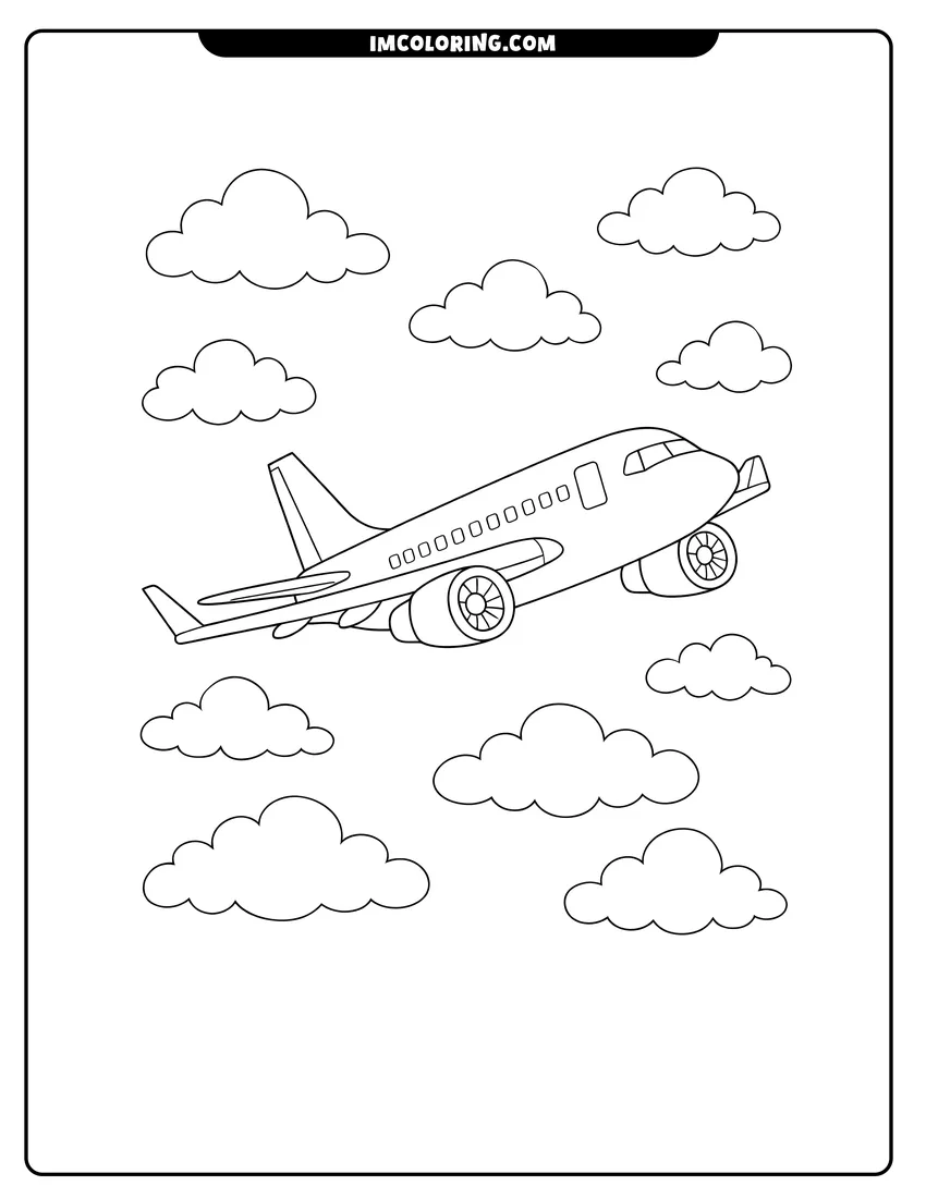 Coloring sheet of Airbus A320 passenger airplane flying through puffy white clouds for kids