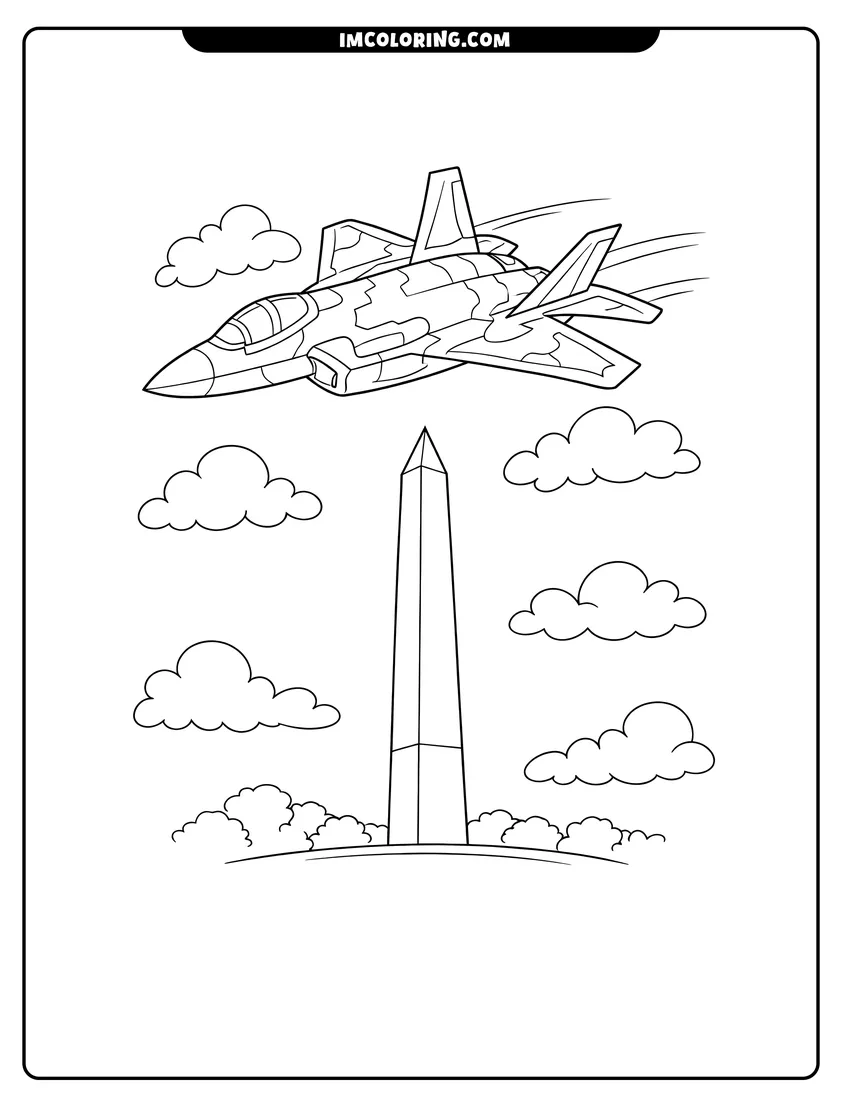 Coloring sheet of Modern stealth fighter jet airplane with angular wings for kids