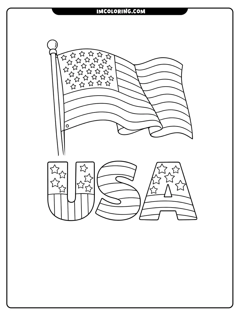 Simple line drawing of Patriotic USA flag on pole with patterned letters