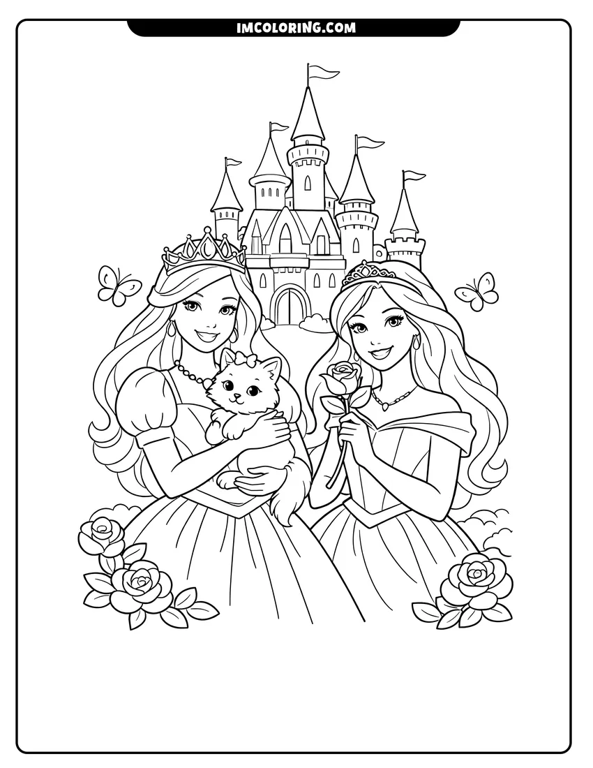 Kawaii style Two princesses with a cat in a garden coloring picture