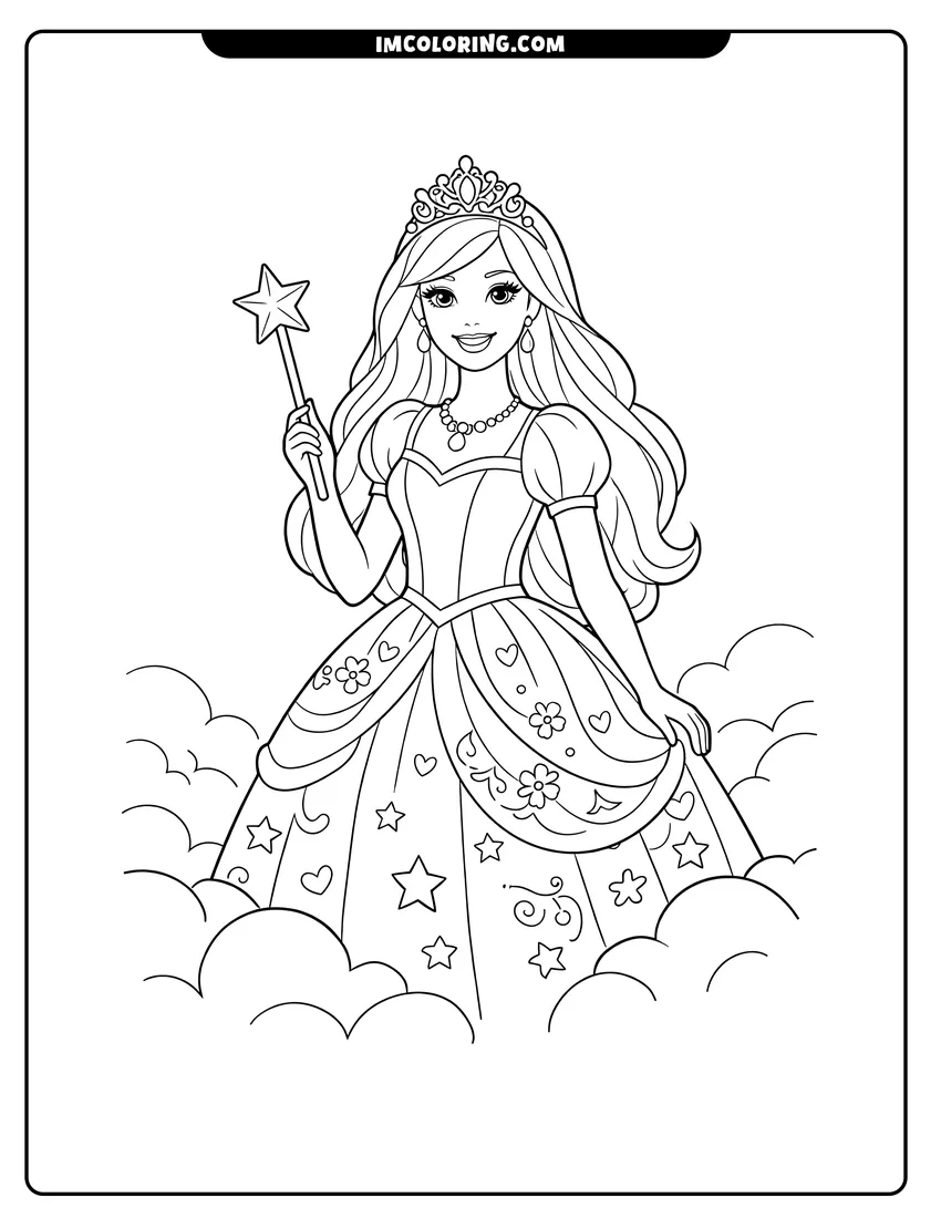 Easy-to-color Princess Barbie holding a magic wand in clouds illustration