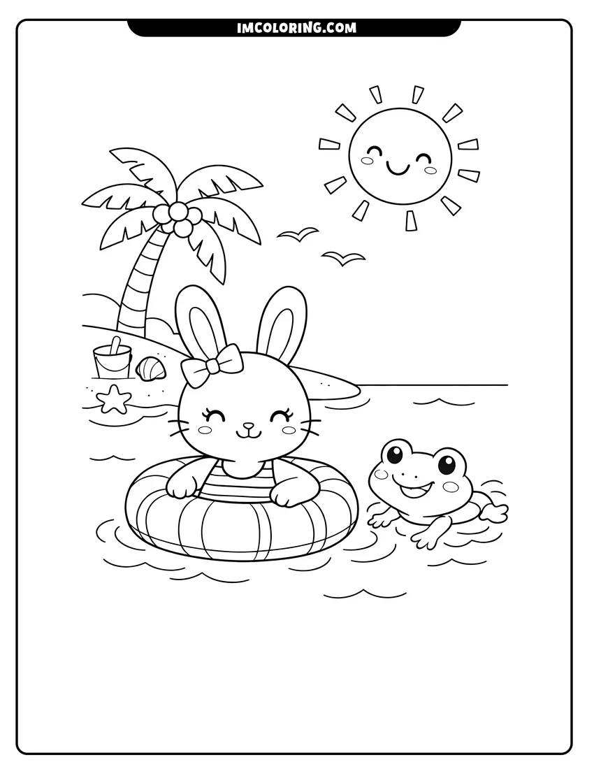 Easy-to-color Cute rabbit and frog swimming at the sandy beach illustration
