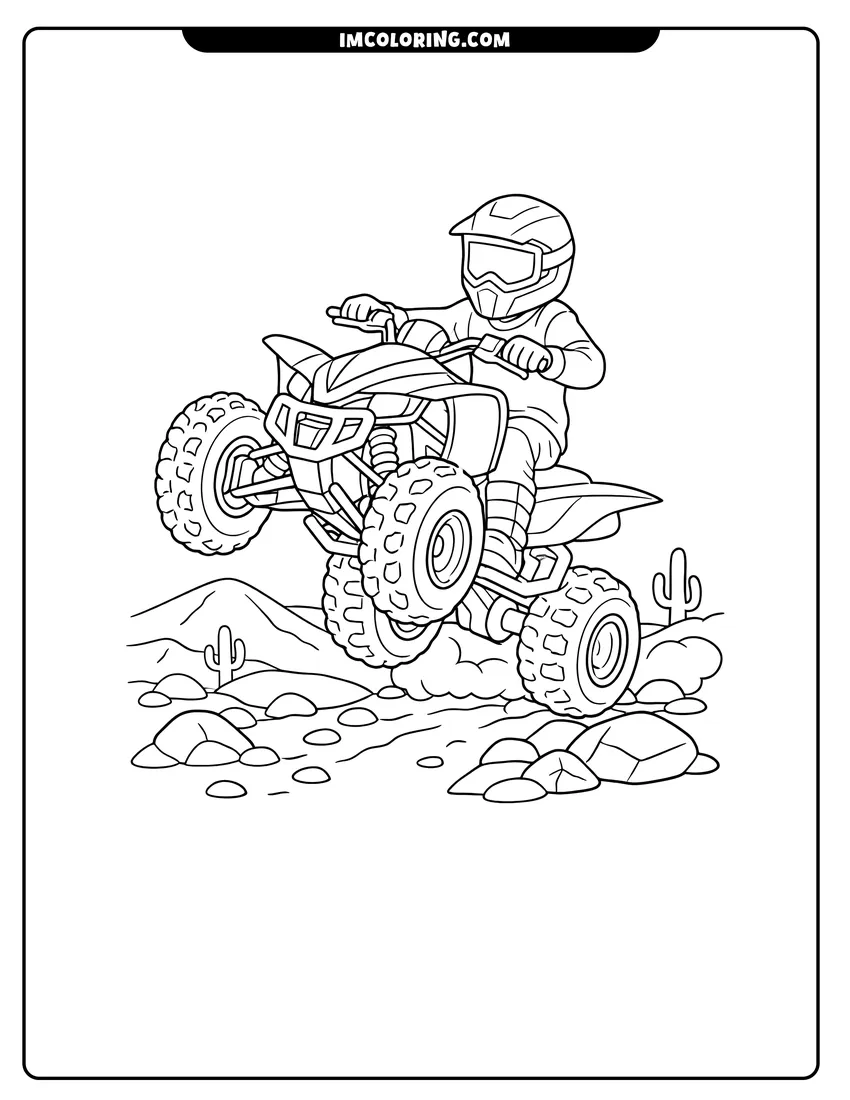 Coloring sheet of Rider performing a wheelie on an ATV for kids