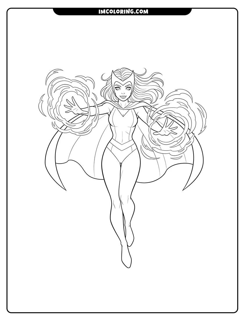 Printable Scarlet Witch floating and conjuring chaos magic coloring activity