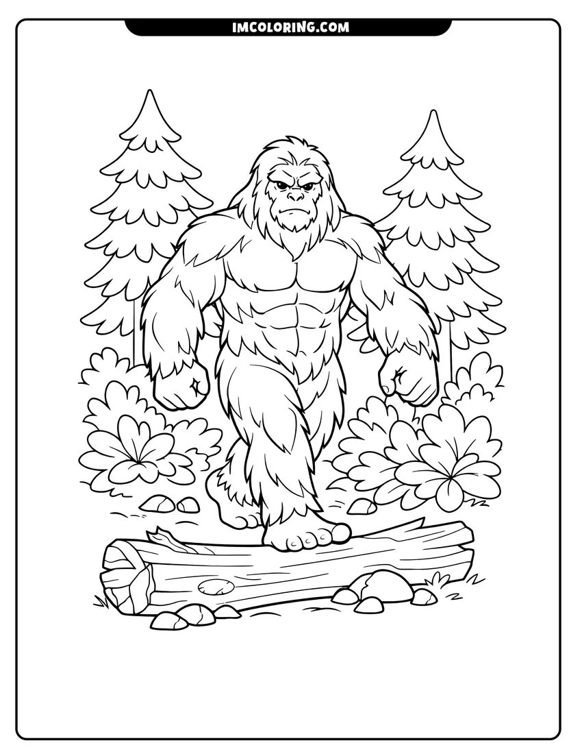 Illustration of Serious Bigfoot Yeti striding through a dense leafy forest ready for painting