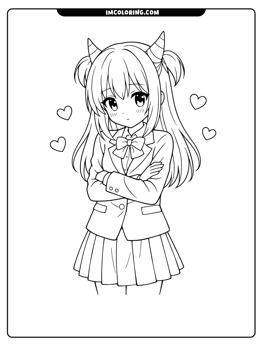 Detailed Shy anime girl in a school blazer and skirt design for coloring