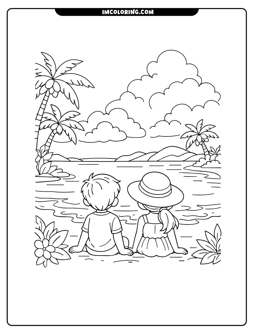 Cute Tranquil coastal landscape with sandy shore and clouds outline for coloring