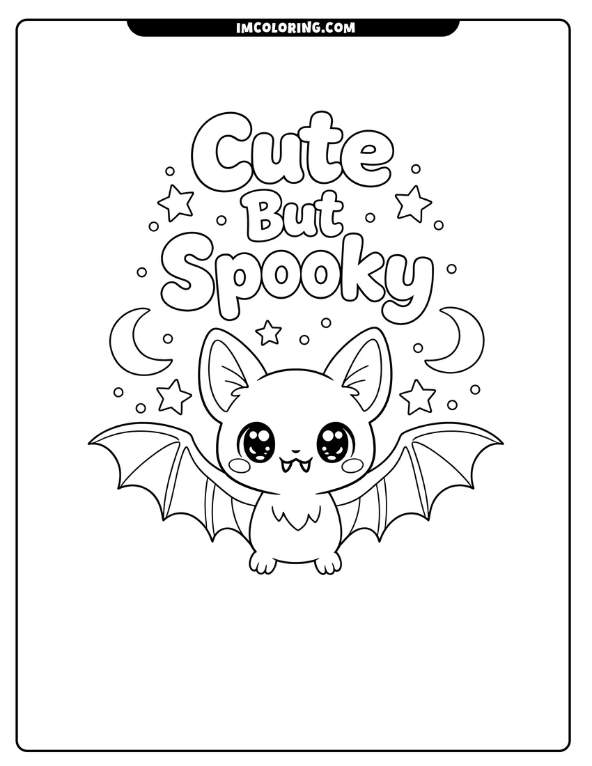 Scene showing Kawaii bat with sparkly eyes and cute text to color
