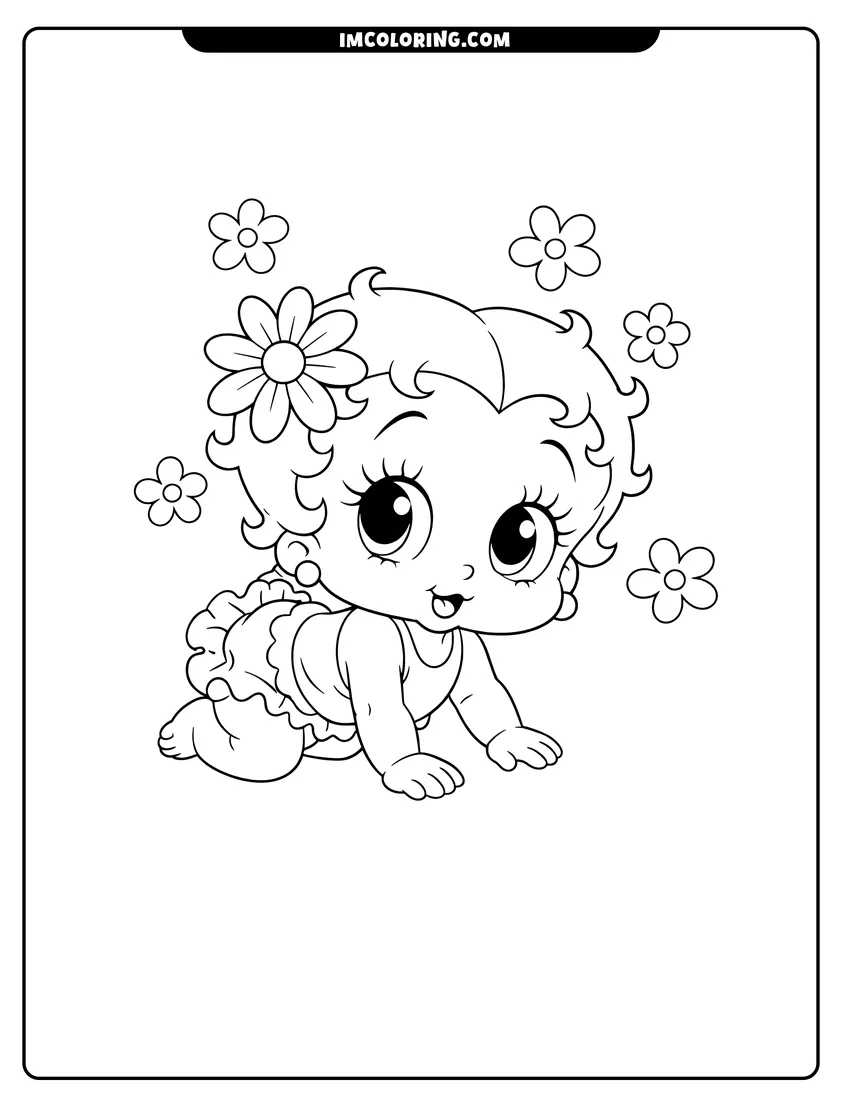 Illustration of Baby Betty Boop crawling with cartoon flowers ready for painting