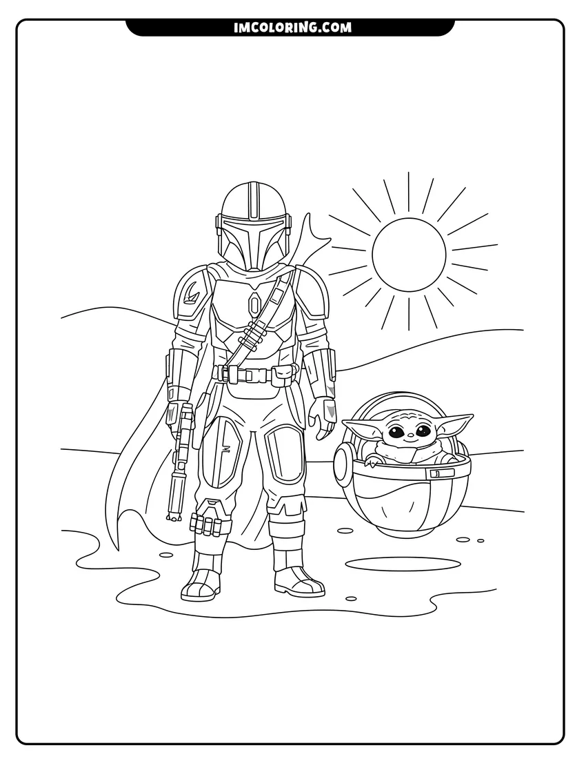 Simple line drawing of Mandalorian walking near Baby Yoda in a pram