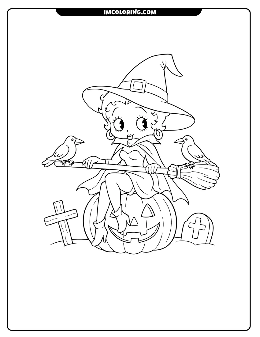 Simple sketch of Betty Boop dressed as a witch on a pumpkin for children