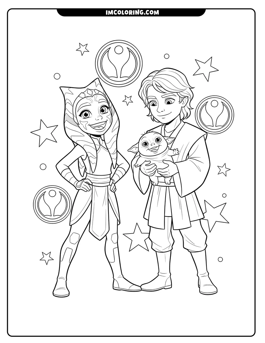 Printable outline of Young Ahsoka Tano laughing next to Anakin and Rotta