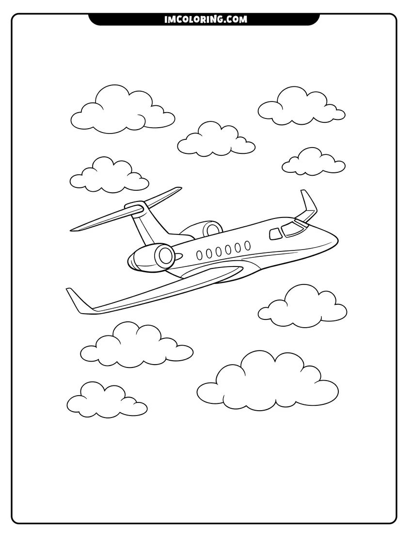 Line art depicting Private jet airplane with a T-tail flying in clouds