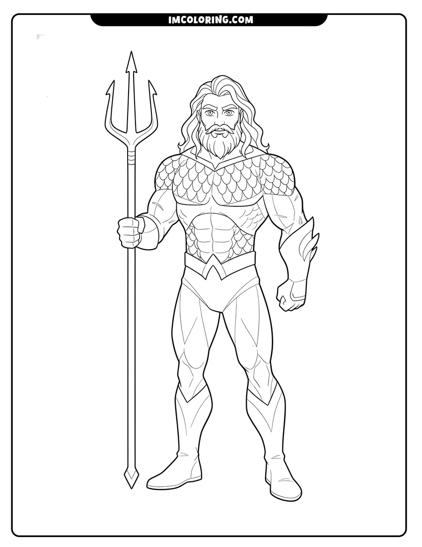 Kawaii style Proud Aquaman standing with his five-pronged trident coloring picture