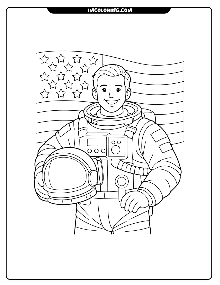 Cute Astronaut holding helmet in front of American flag outline for coloring