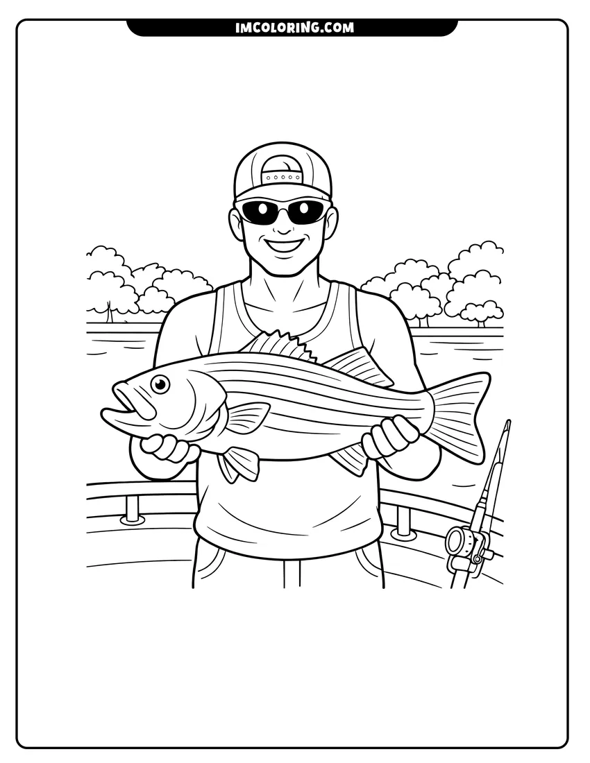 Printable coloring page featuring Fisherman holding a prize striped bass on a boat