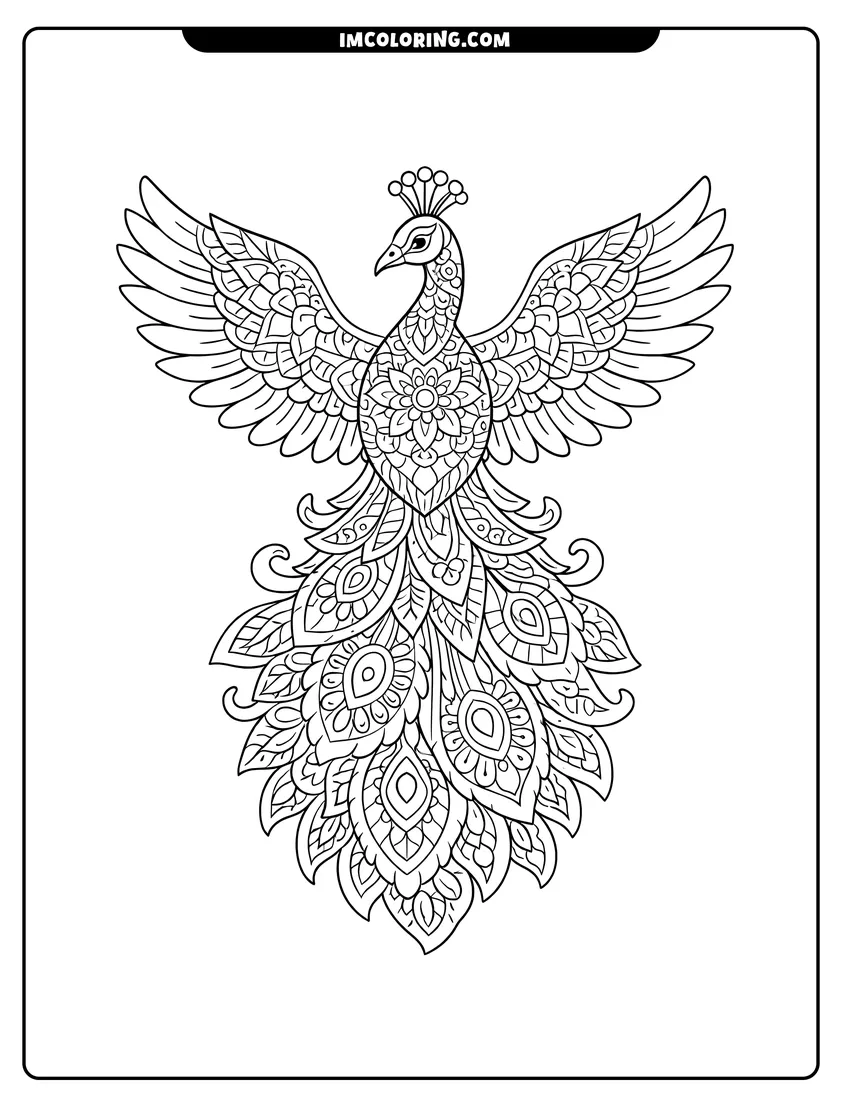 Illustration of Peacock with spread wings and decorative mandala tail feathers ready for painting