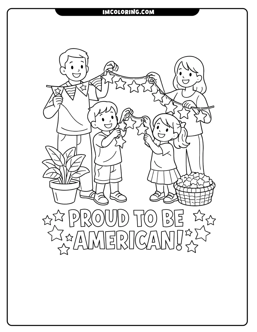 Printable Family hanging patriotic banners with popcorn and stars coloring activity