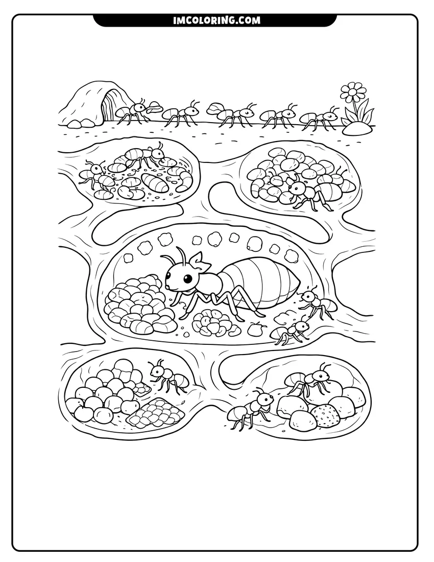 Scene showing Cross-section of an underground ant colony with a queen to color