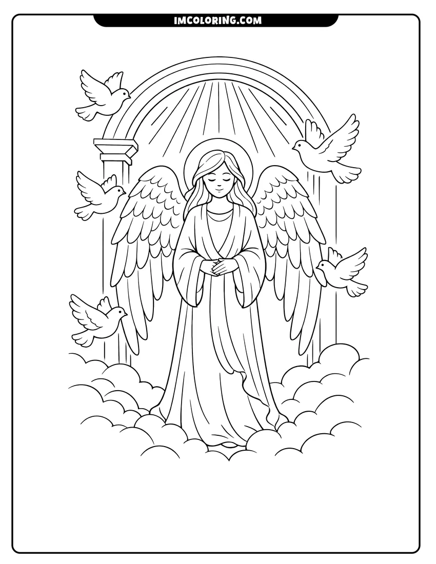 Simple sketch of Radiant angel standing in a grand archway with doves for children
