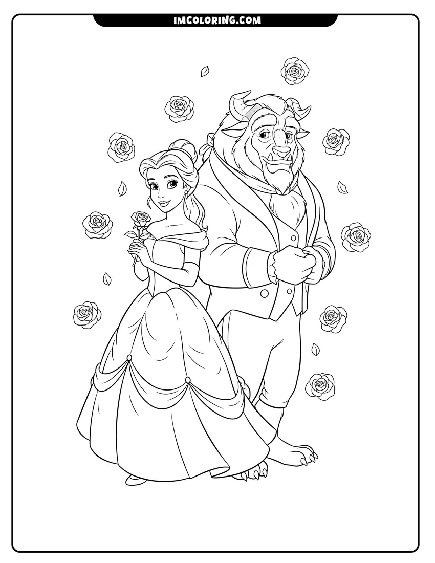 Realistic Belle and the Beast standing back to back coloring page for preschoolers