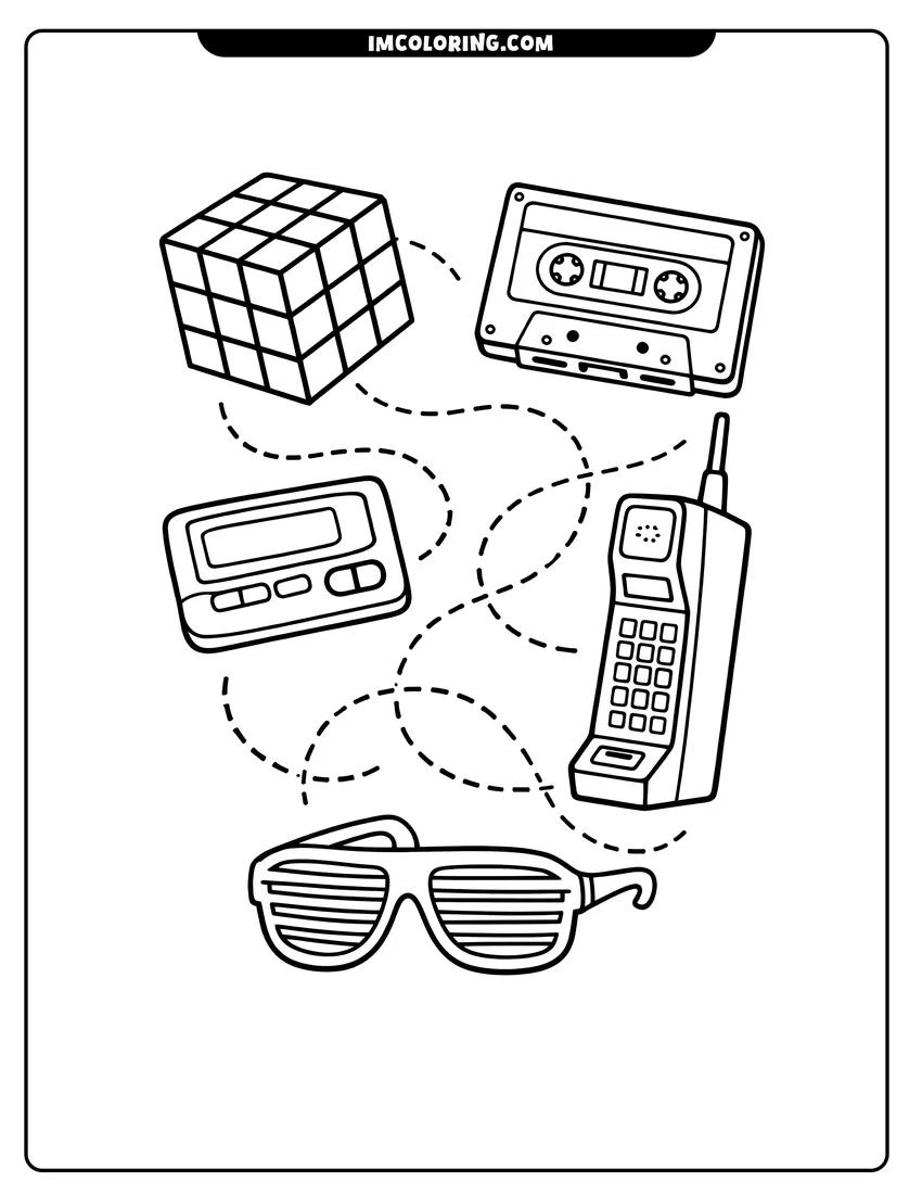 Printable Scattered 80S items including puzzle cube coloring activity