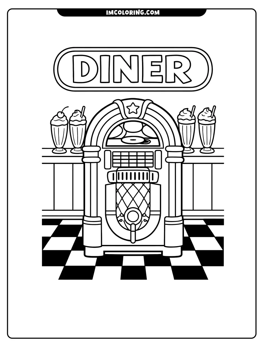 Printable coloring page featuring 80S jukebox and milkshakes in a diner