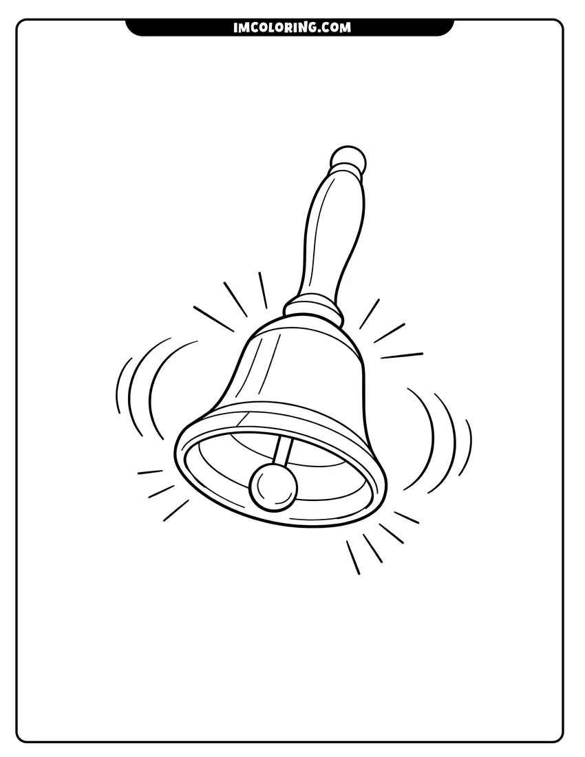 Kids activity sheet showing Ringing hand bell with vibration lines and sound marks