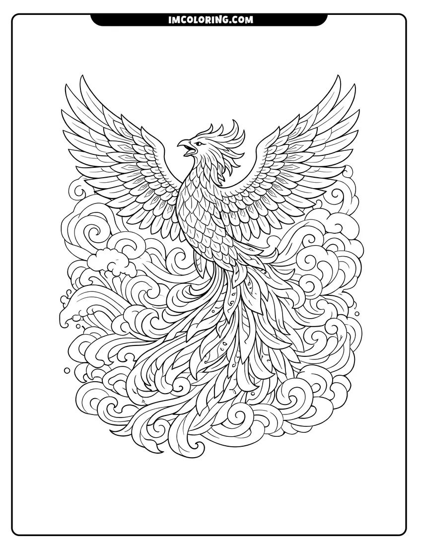 Illustration of Abstract phoenix with patterned feathers and swirling waves ready for painting
