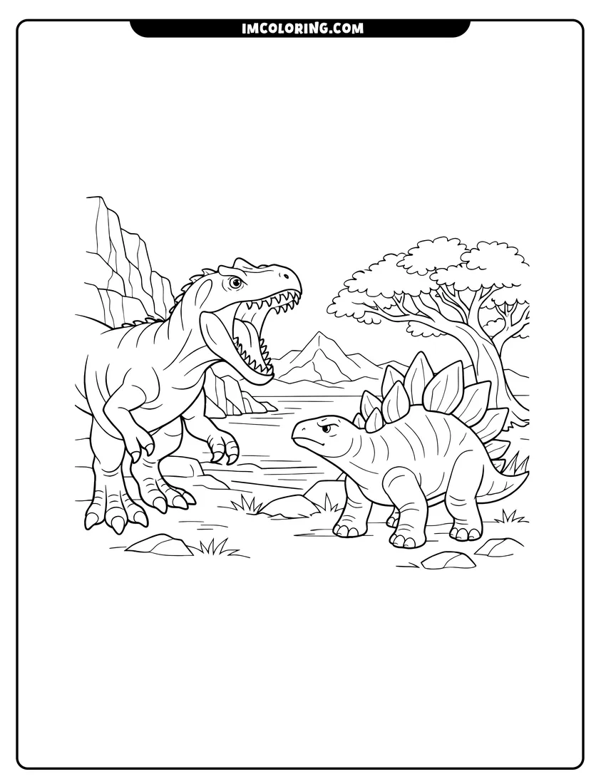 Coloring sheet of Allosaurus roaring at a Stegosaurus on a shoreline for kids