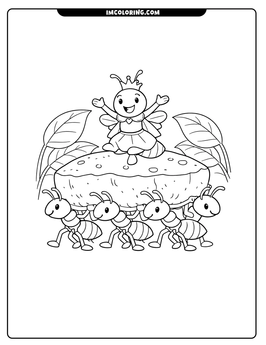 Scene showing Queen ant riding on bread carried by worker ants to color