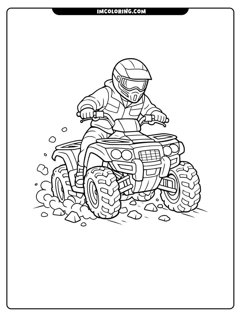 Printable outline of Driver riding an ATV across a grassy landscape