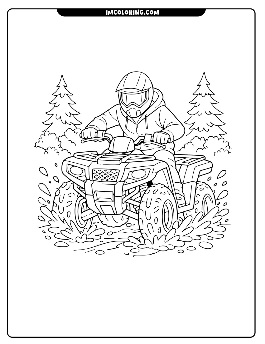 Printable coloring page featuring Person riding an ATV through a mud splash