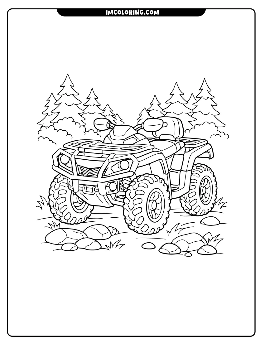 Printable Can-Am Outlander four-wheeler in front of a forest coloring activity