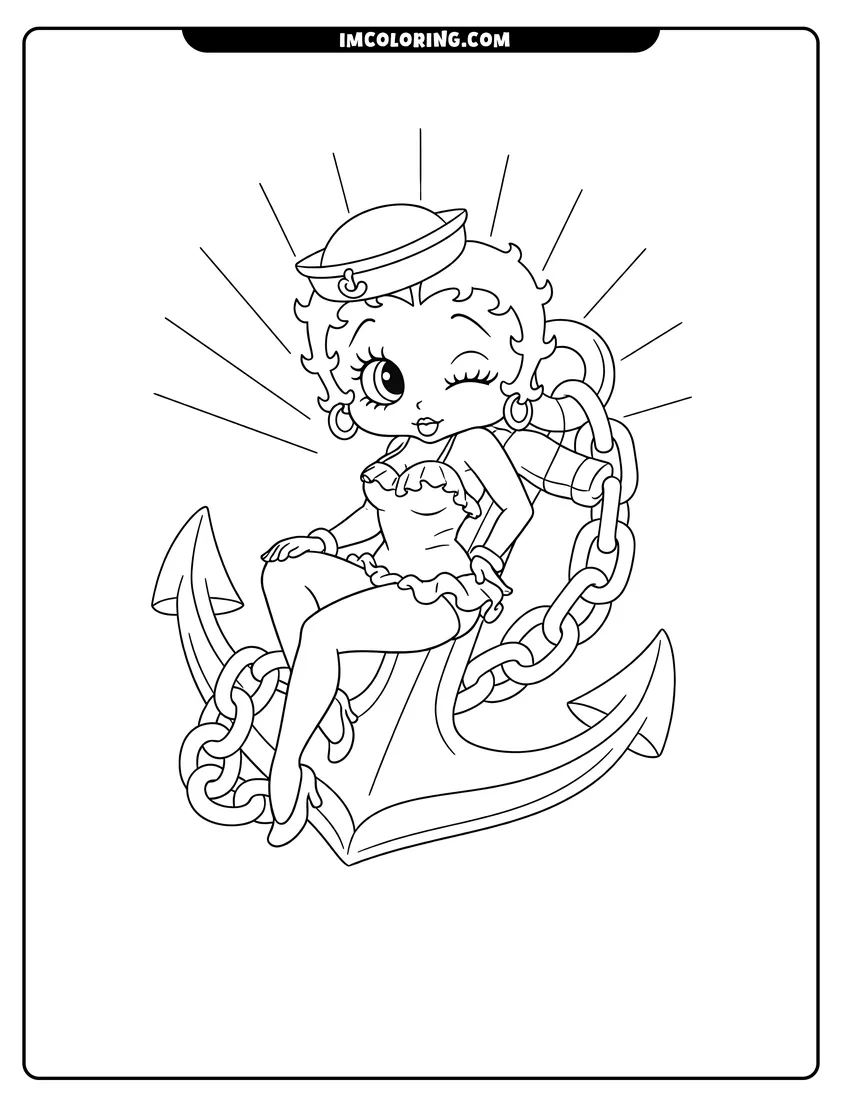 Line art depicting Betty Boop in a sailor hat on an anchor