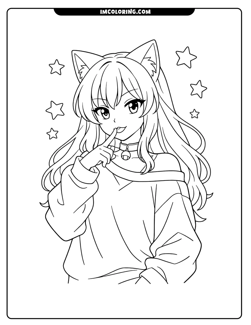 Easy-to-color Sassy anime cat girl wearing a sweatshirt illustration