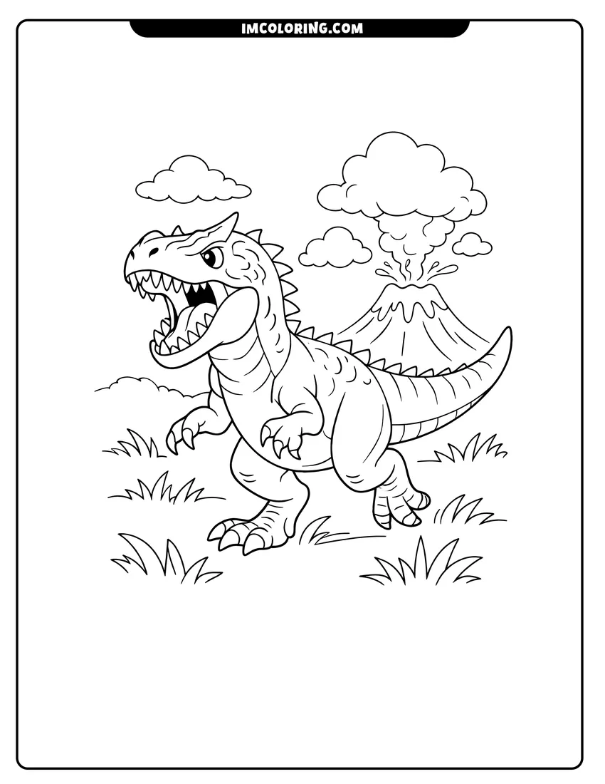 Printable outline of Scaly Allosaurus running through a grassy field