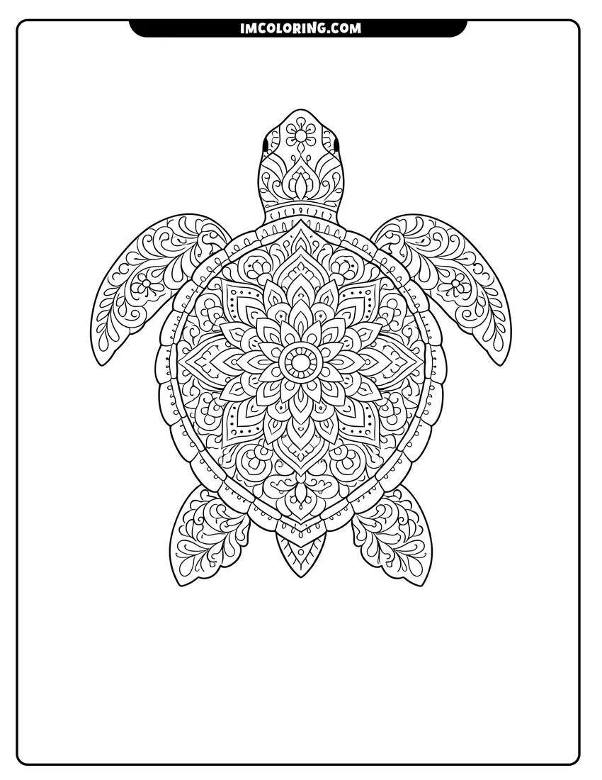 Easy-to-color Sea turtle top-down view with dense mandala shell design illustration