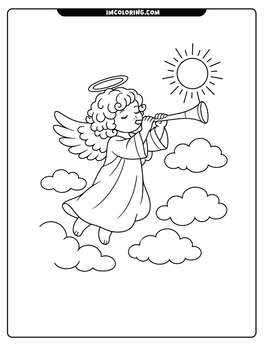 Coloring sheet of Serene angel playing a herald trumpet in the sky for kids