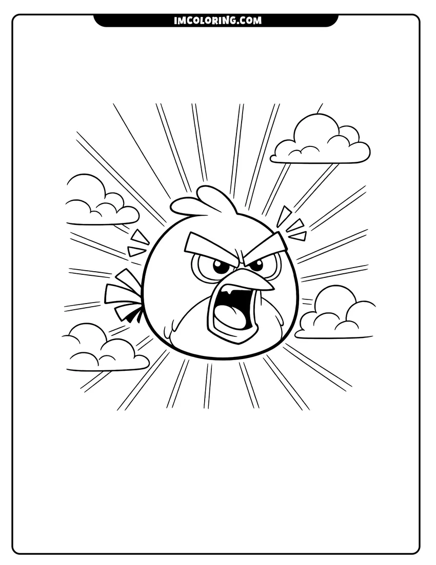 Simple sketch of Furious Red shouting with sunbeams in the background for children