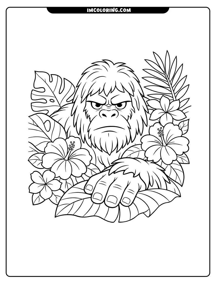 Simple line drawing of Serious Bigfoot Yeti peeking through jungle leaves and flowers