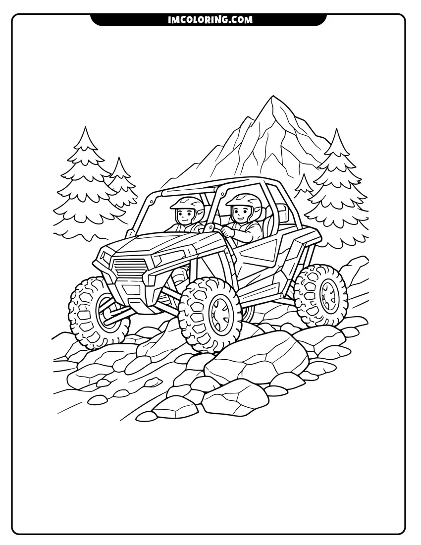 Detailed Side-by-side UTV climbing a mountain trail design for coloring