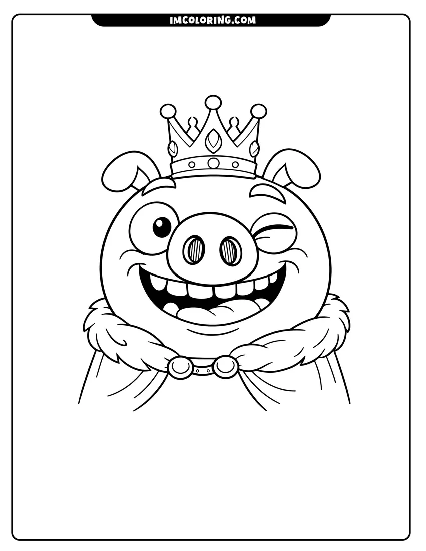 Printable Silly King Pig with a crown and a wide grin coloring activity