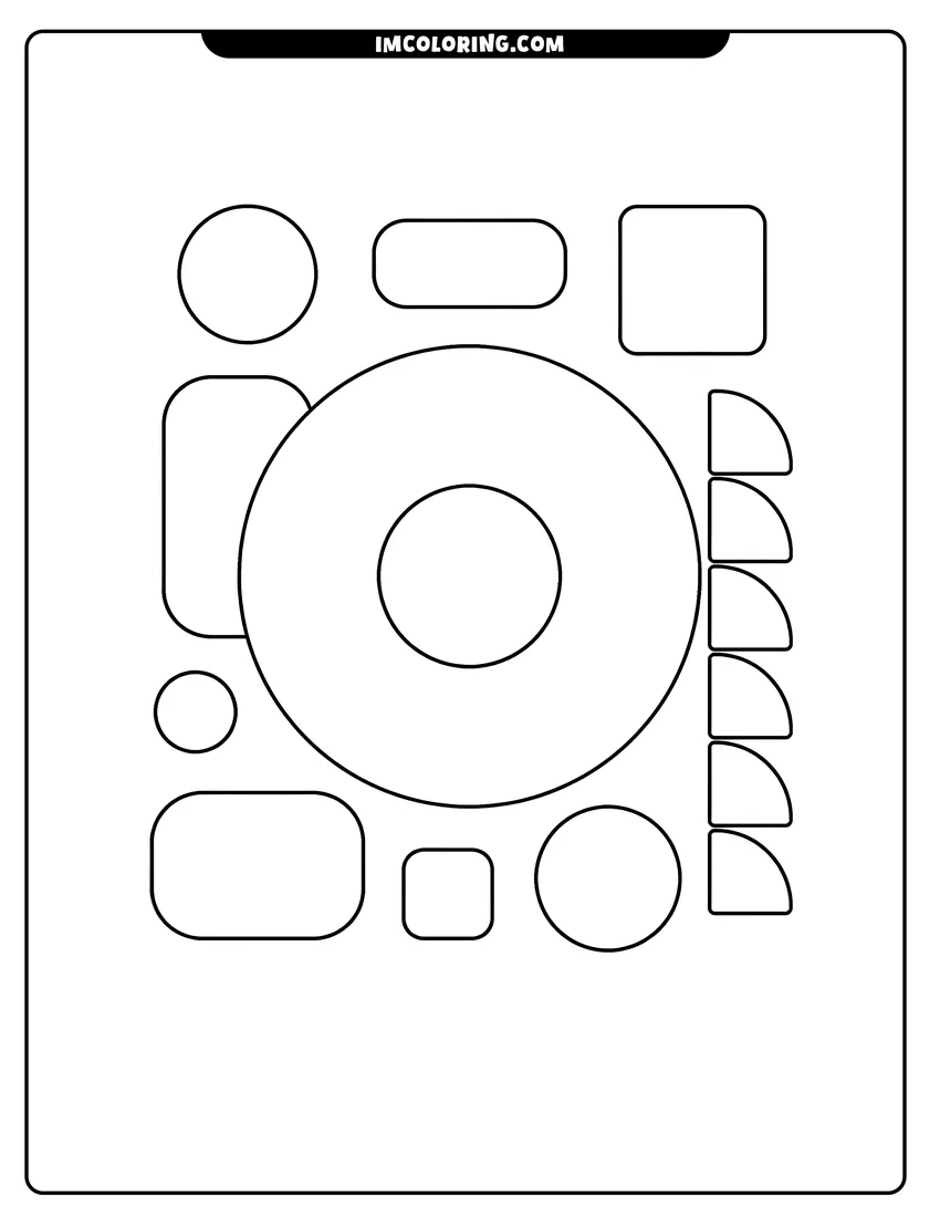 Printable outline of Simple abstract shapes including circles, squares, and a donut