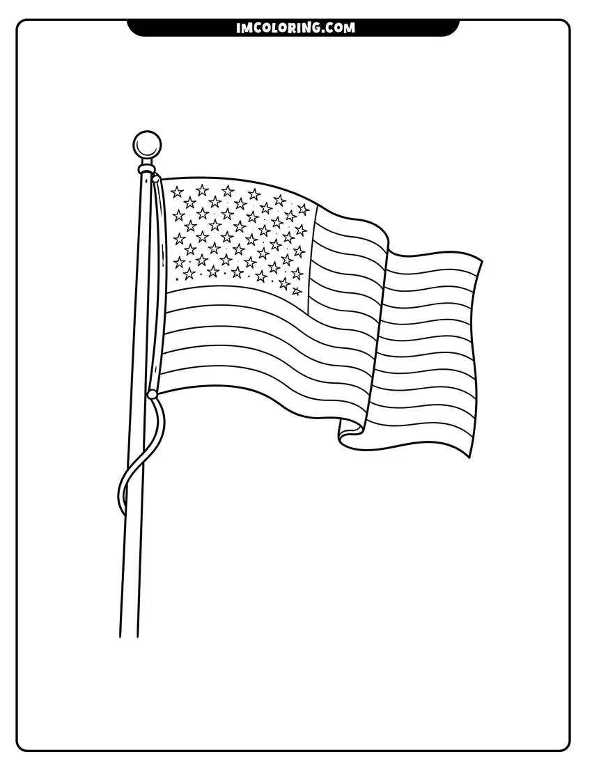Black and white Simple outline of a waving American flag coloring sheet