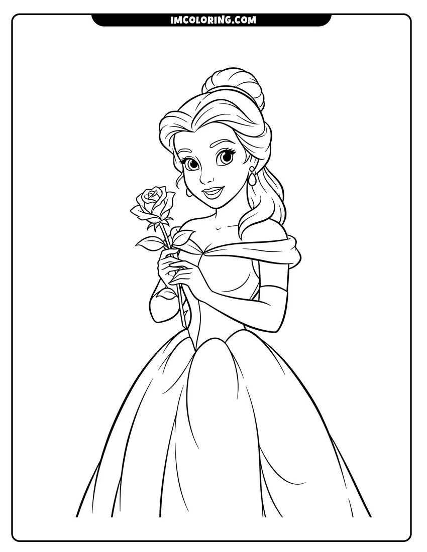 Easy-to-color Simple outline of Belle holding a rose illustration