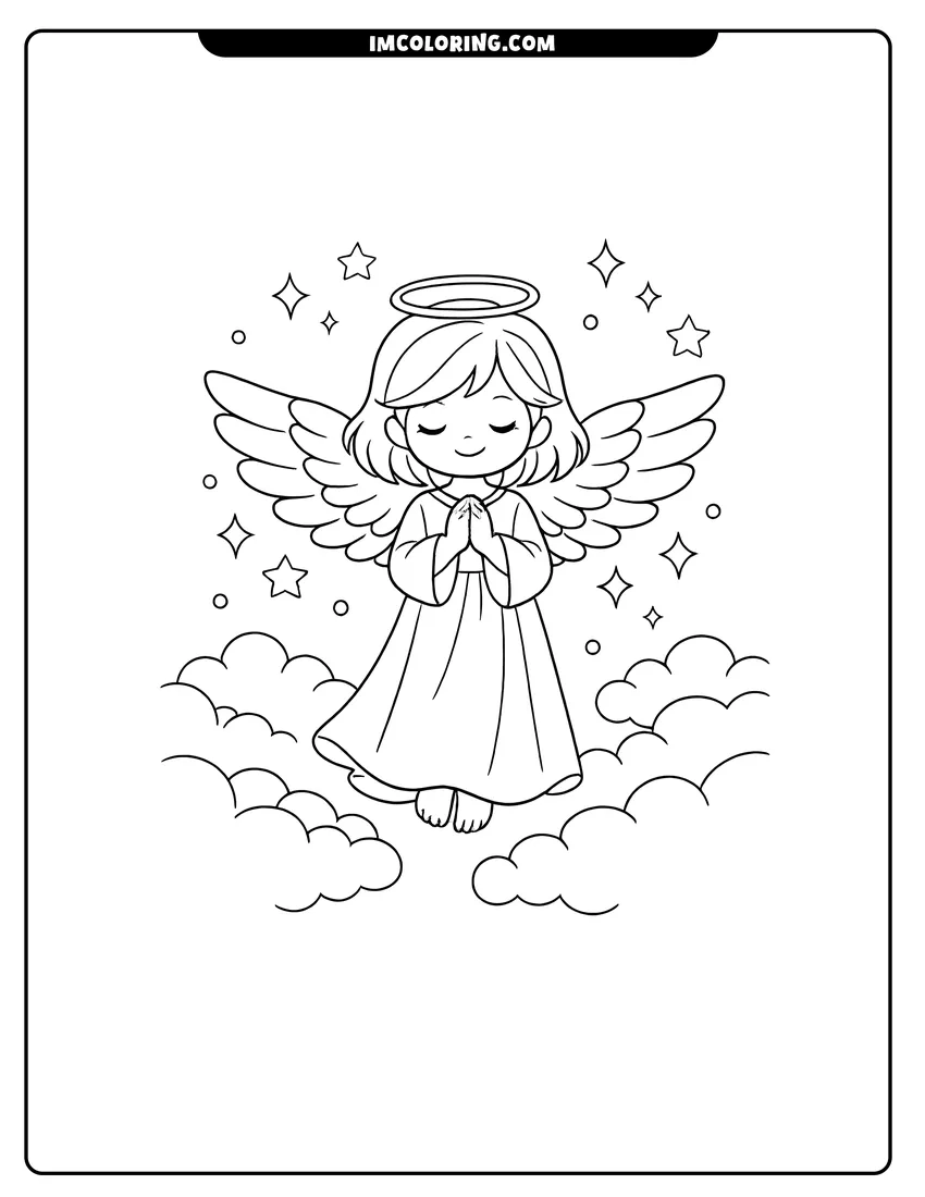 Simple angel with clasped hands floating in clouds drawing meant for coloring