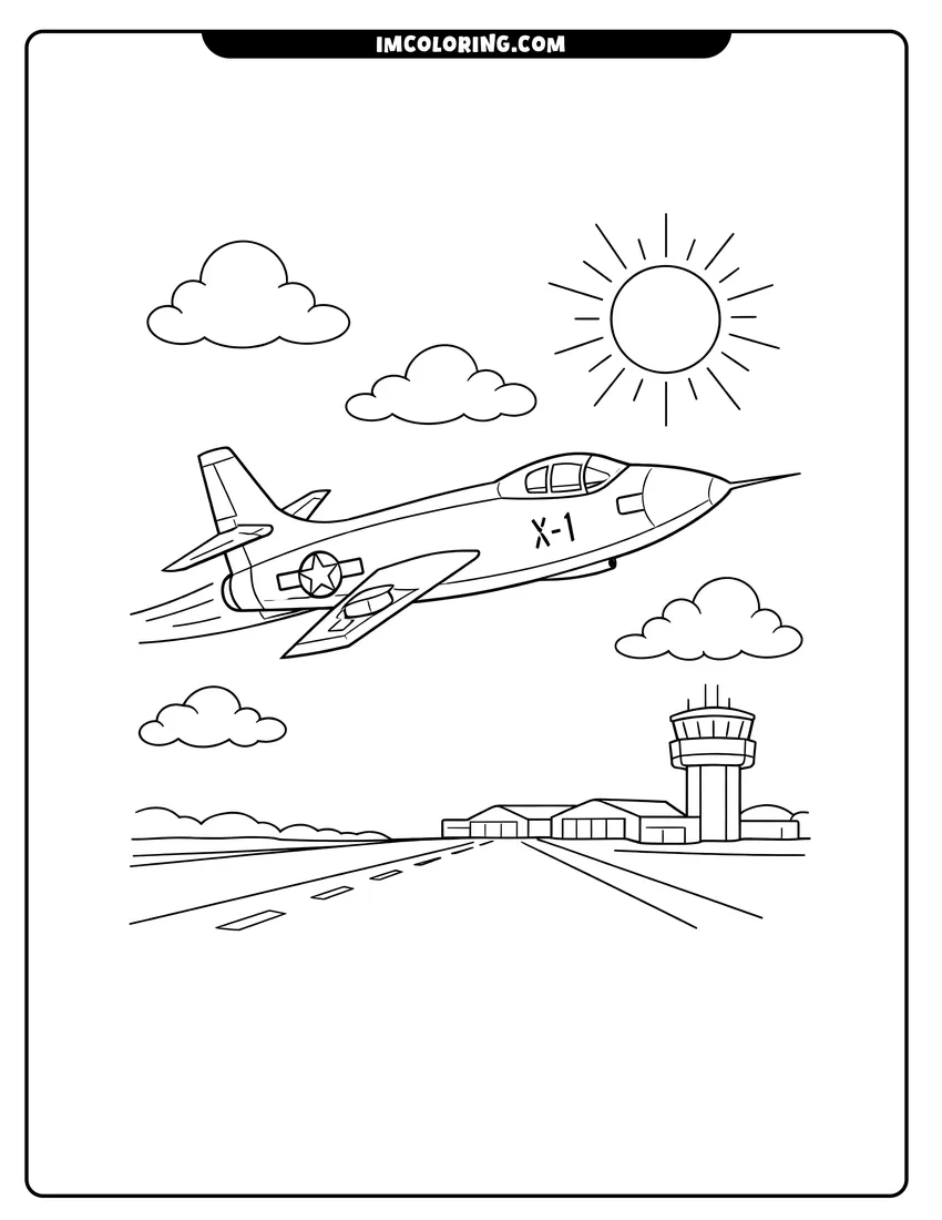 Printable coloring page featuring Bell X-1 test airplane flying over an airport runway